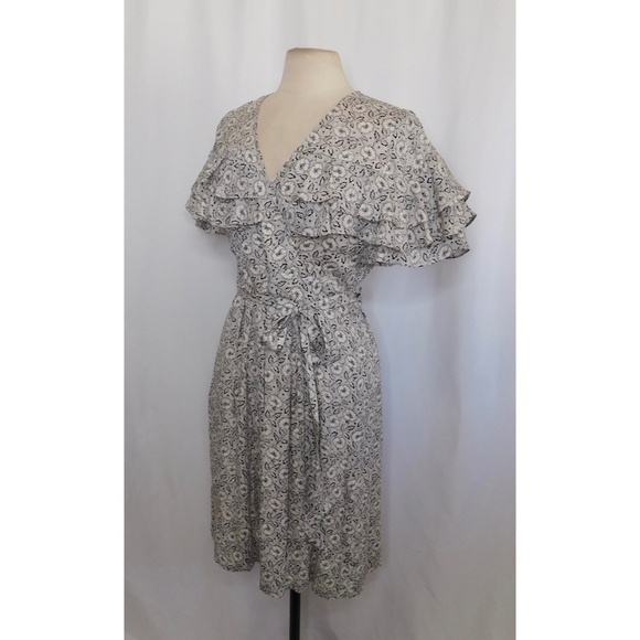 REBECCA TAYLOR Sweet Briar Black White Floral Silk Ruffled Dress Tie Waist 8 - Picture 7 of 14